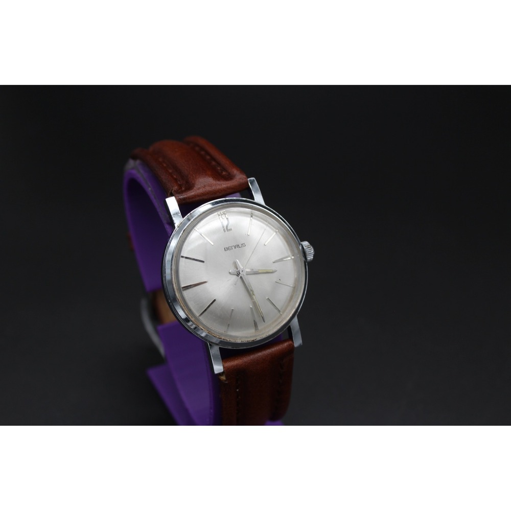 Vintage 1950s Benrus Mens Silver Sunburst Dial Brown Leather Strap Manual Wind - Picture 3 of 3